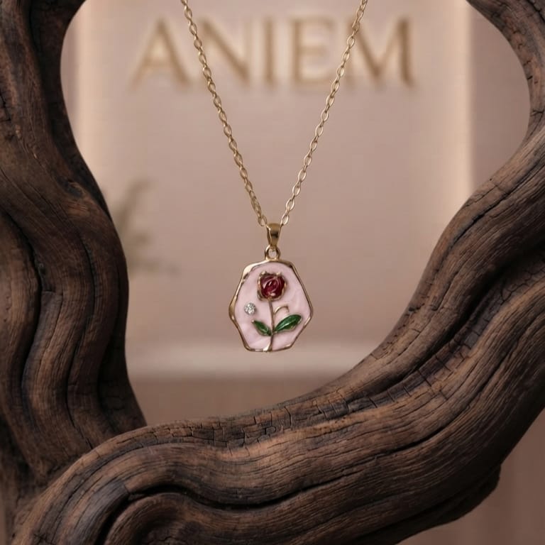 Red Rose Enamel Pendant Necklace | Botanical Gold-Plated Women's Jewelry | Aniem