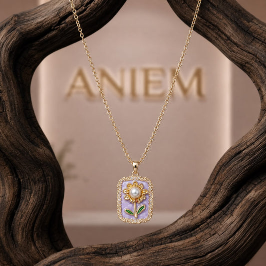 Sunflower Enamel Pearl Pendant Necklace – Gold Tone
