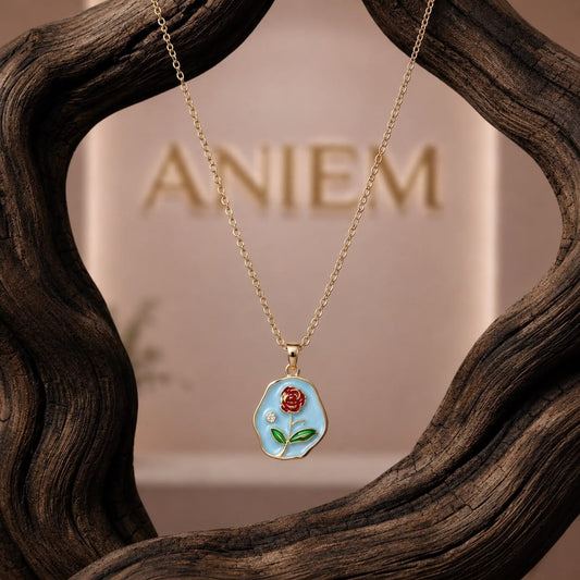 Red Rose Enamel Pendant Necklace – Gold Tone