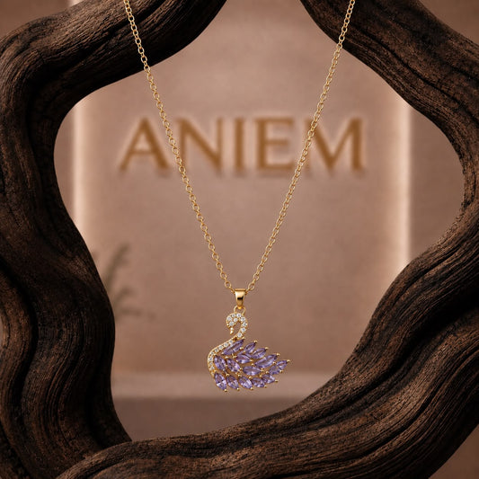 Purple Crystal Swan Pendant Necklace – Gold Tone