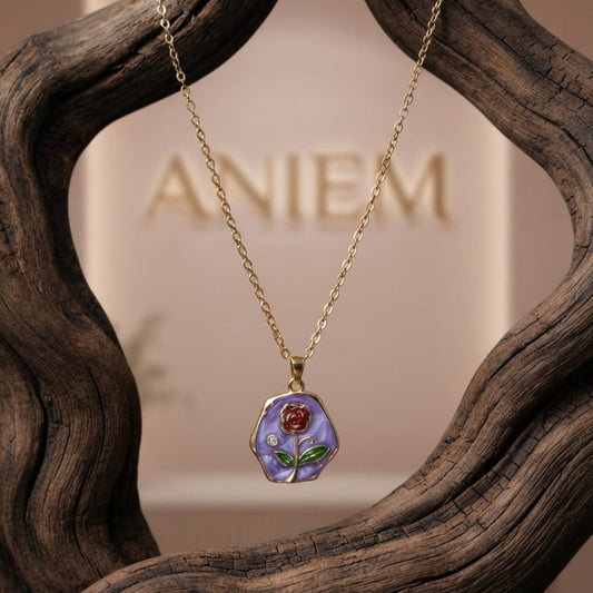 Purple Rose Enamel Pendant Necklace for Women | Elegant Gold-Plated Jewelry