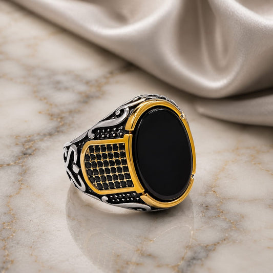 Italian Black Onyx Ring for Men | Gold & Silver Statement Ring