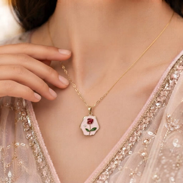 Red Rose Enamel Pendant Necklace | Botanical Gold-Plated Women's Jewelry | Aniem