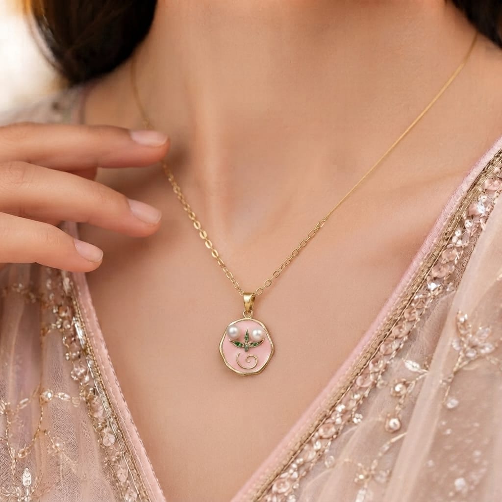 Pink Enamel Twin Pearl & Crystal Leaf Pendant Necklace | Artisan Gold Women's Jewelry