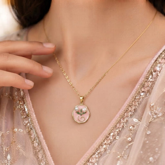 Pink Enamel Twin Pearl & Crystal Leaf Pendant Necklace | Artisan Gold Women's Jewelry