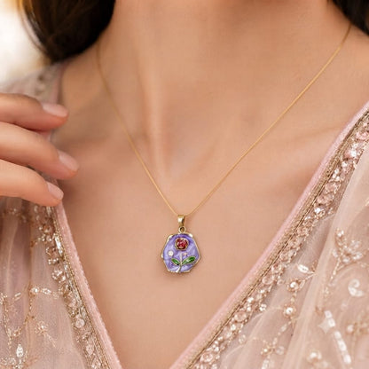 Purple Rose Enamel Pendant Necklace for Women | Elegant Gold-Plated Jewelry