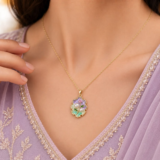 Floral Enamel Pearl Pendant Necklace – Gold Tone