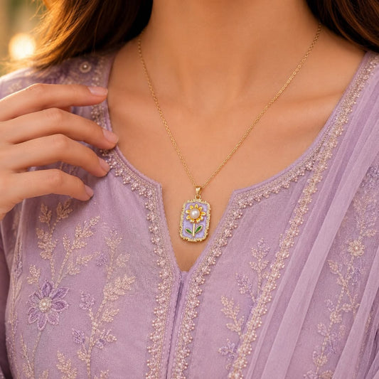 Sunflower Enamel Pearl Pendant Necklace – Gold Tone