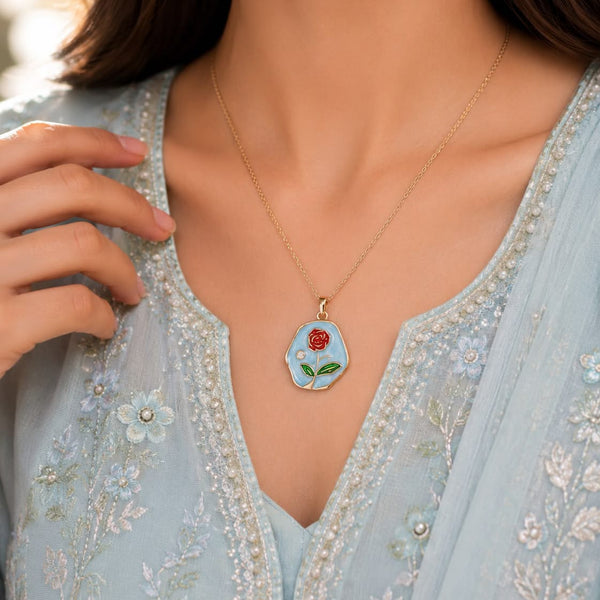 Red Rose Enamel Pendant Necklace – Gold Tone