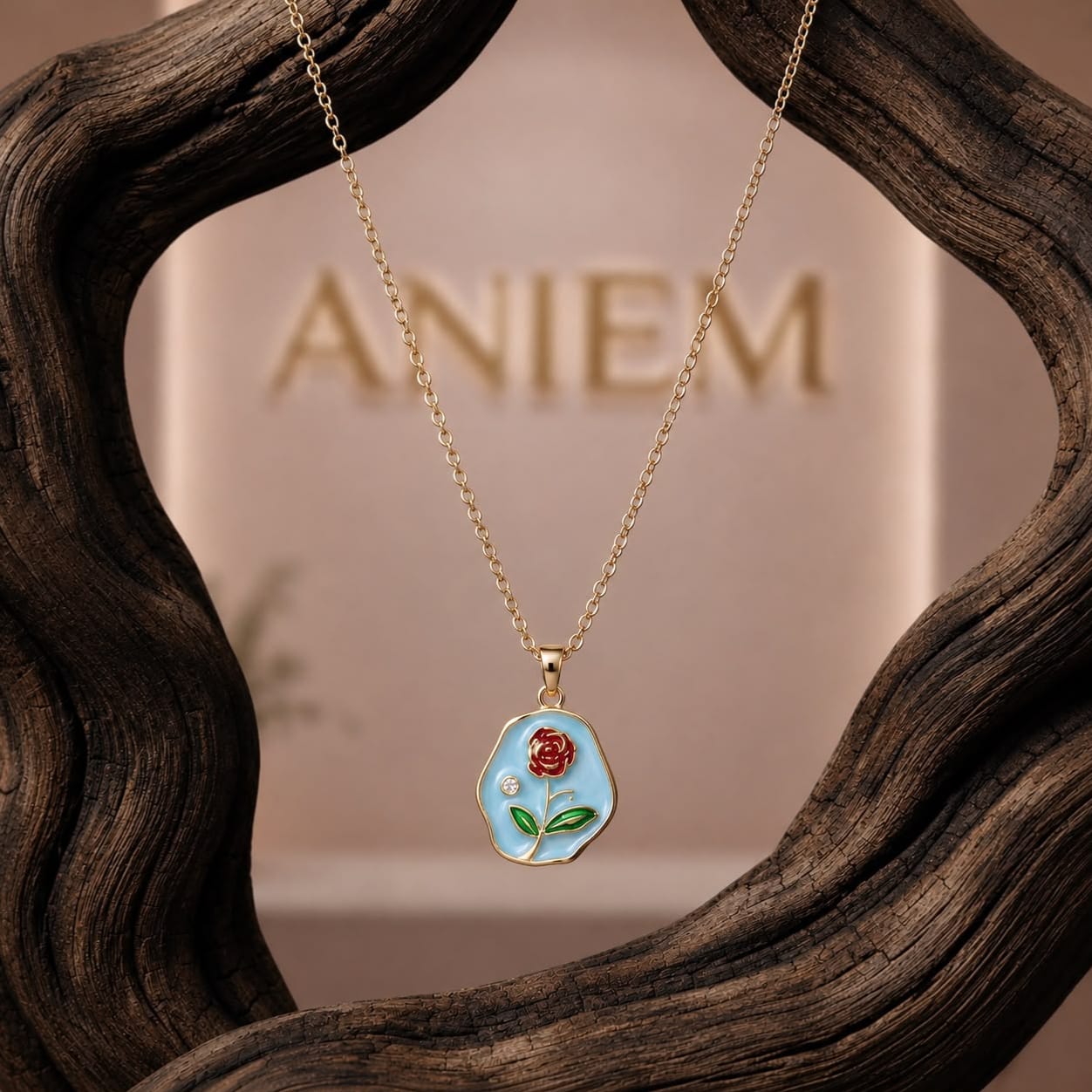 Red Rose Enamel Pendant Necklace – Gold Tone
