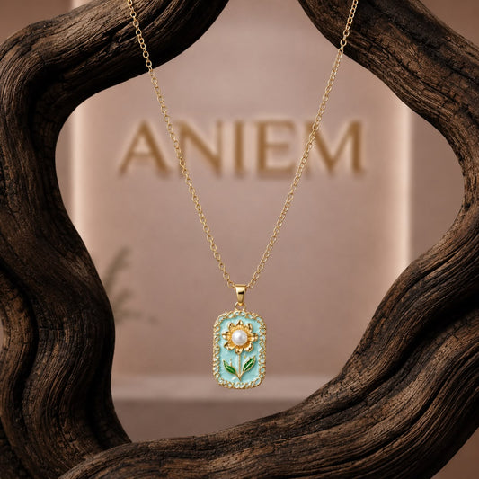 Sunflower Enamel Pearl Pendant Necklace – Mint Green