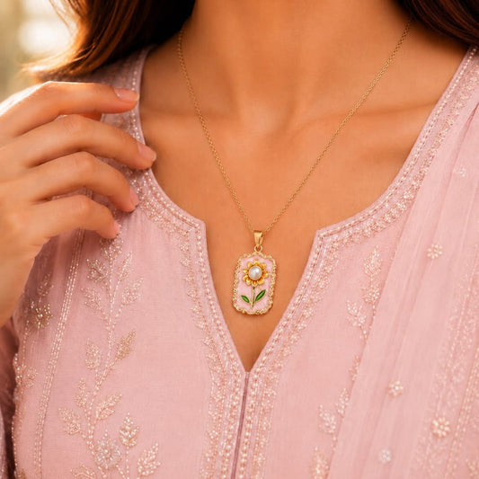Sunflower Enamel Pearl Pendant Necklace – Blush Pink