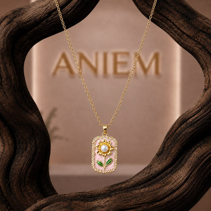 Sunflower Enamel Pearl Pendant Necklace – Blush Pink
