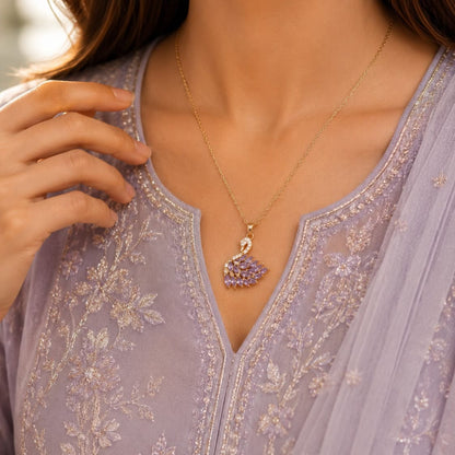 Purple Crystal Swan Pendant Necklace – Gold Tone