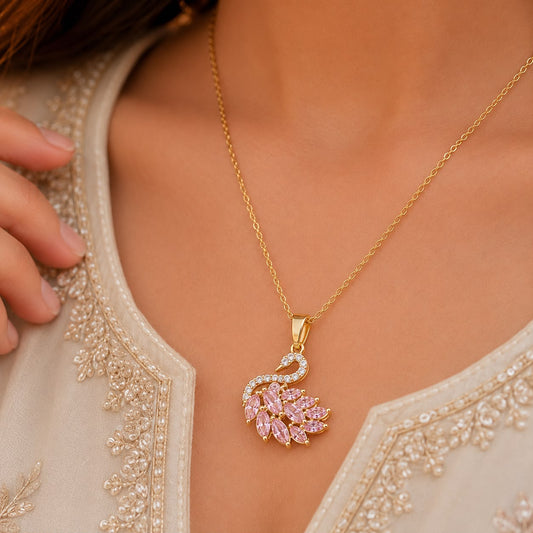 Pink Swan Gold Pendant Necklace