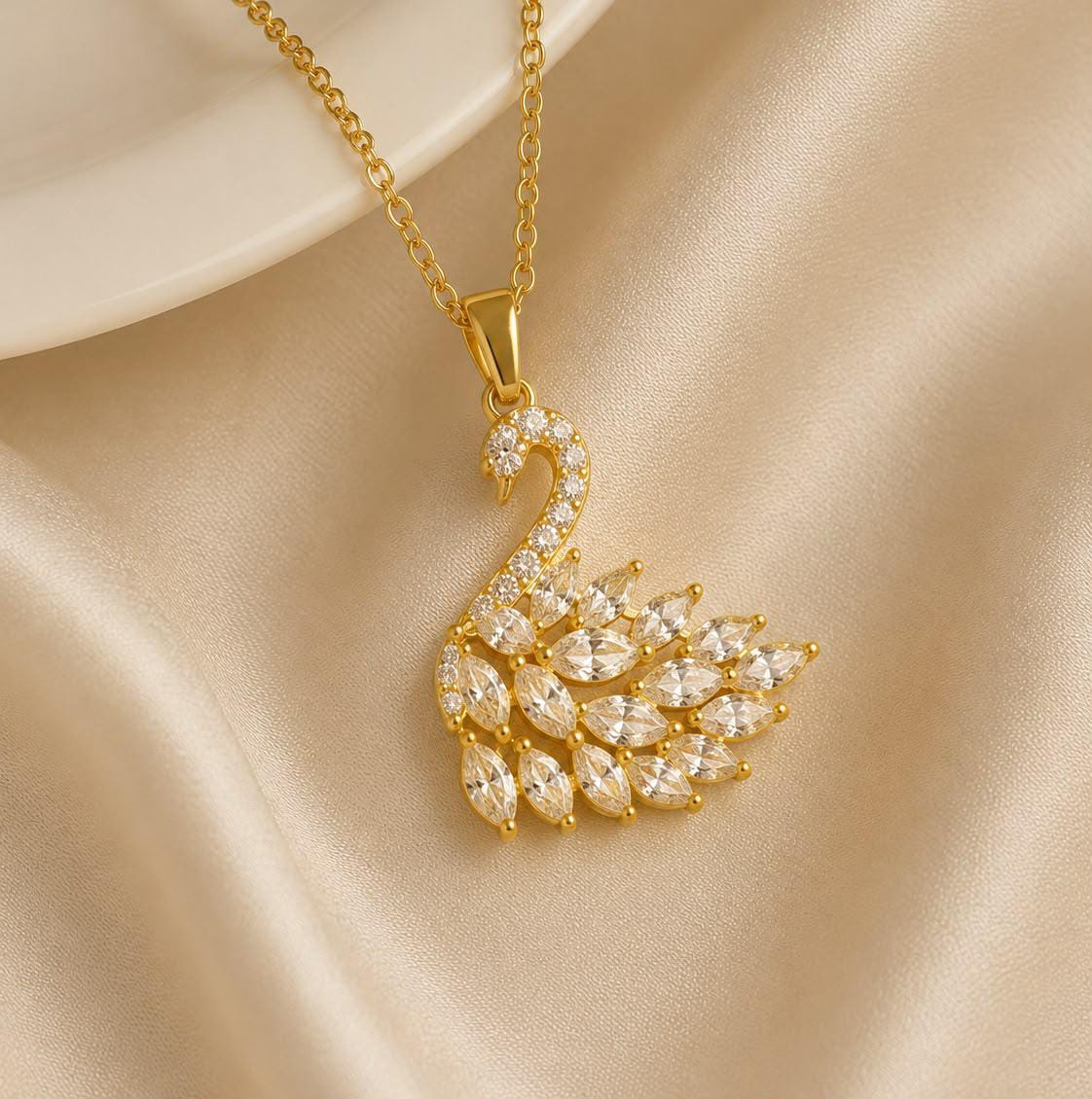 Crystal Swan Gold Pendant Necklace