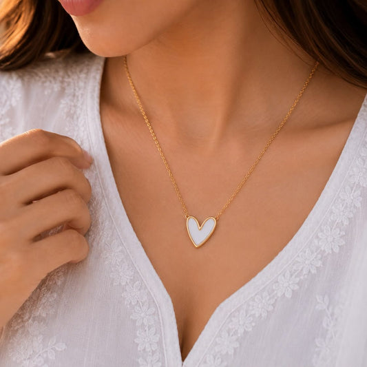 White Enamel Heart Gold Pendant Necklace