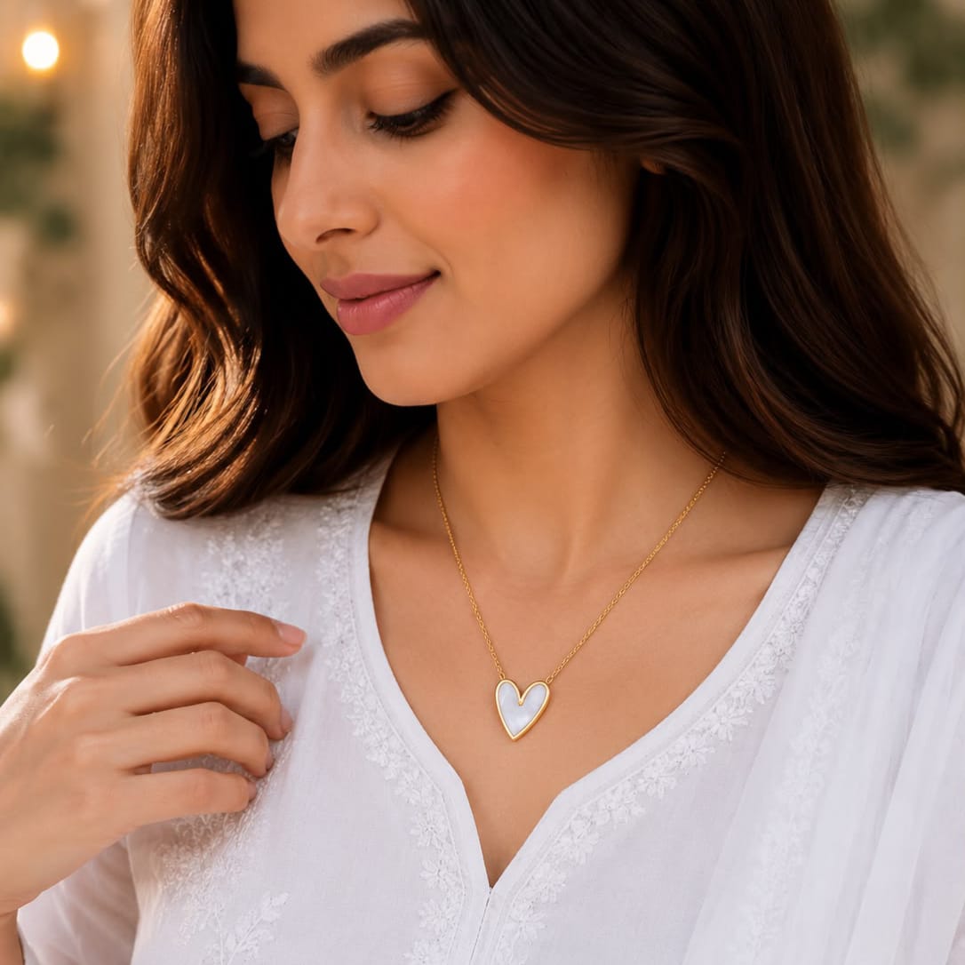 White Enamel Heart Gold Pendant Necklace