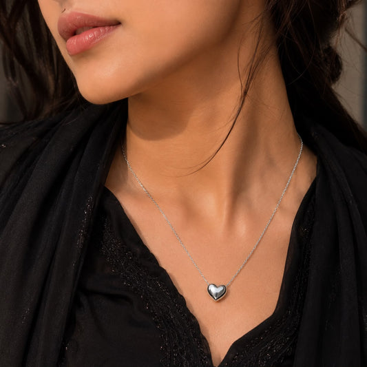 Puffy Silver Heart Pendant Necklace