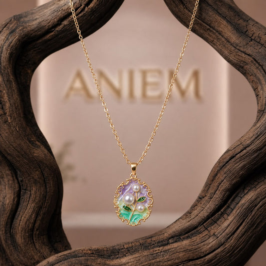 Floral Enamel Pearl Pendant Necklace – Gold Tone