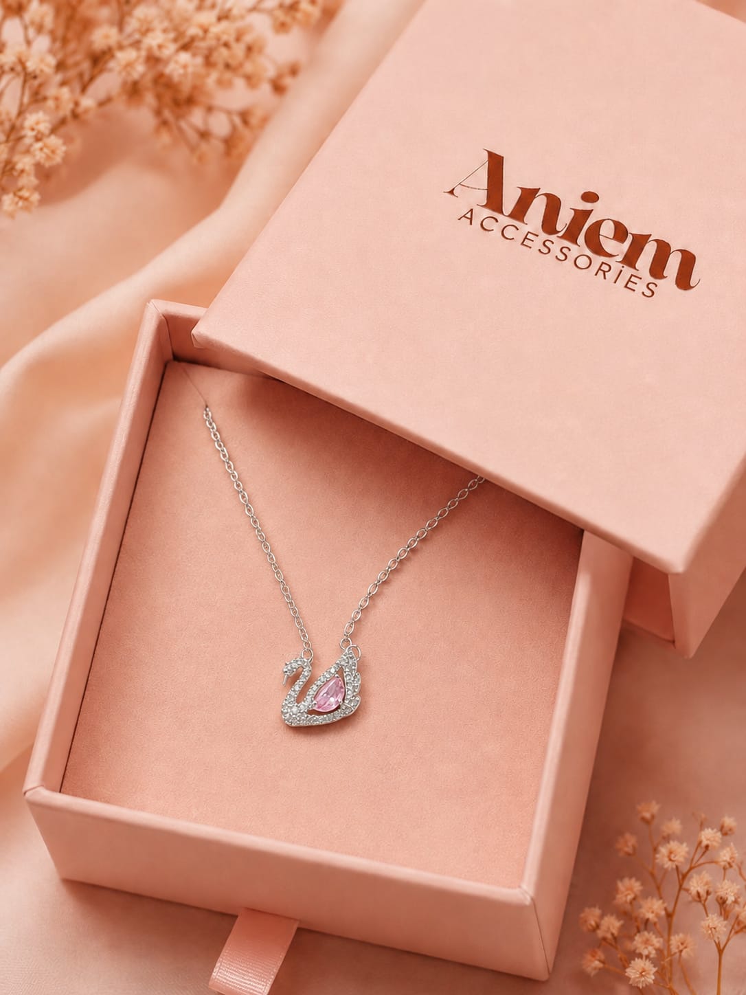 Elegant Silver Swan Pendant Necklace with Pink Crystal | Premium Women's Necklace | Aniem Accessories