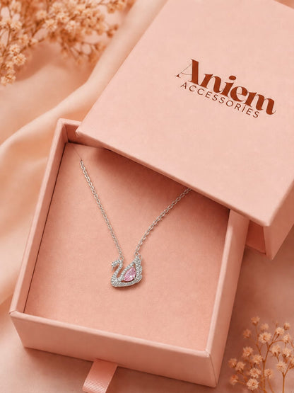 Elegant Silver Swan Pendant Necklace with Pink Crystal | Premium Women's Necklace | Aniem Accessories