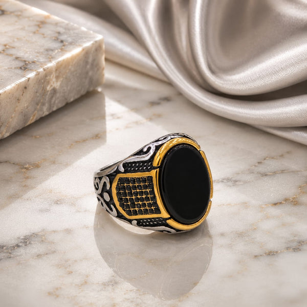 Italian Black Onyx Ring for Men | Gold & Silver Statement Ring